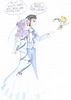 Name of groom: Eriol. Light-Blue colour is good for Tomoyo-chan and for her eyes. Her hair is a bit violet, so violet flowers on her dress and in hair is for the tone. The Groom is Eriol, 'coz he is very kind like Tomoyo. P.S. He looks like Harry Potter without scar, and Tomoyo like Hermione in manga ^^